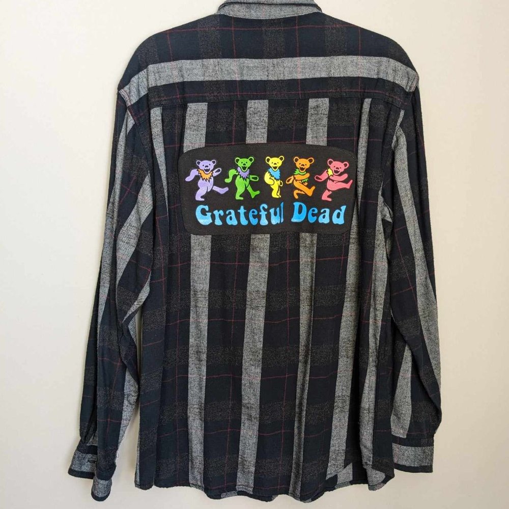 Grateful Dead Rainbow Bears Music Band Custom Flannel Button Down Shirt Sz XL